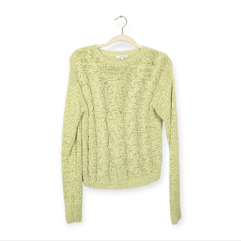 Vince Pale Lime Green Textured Cable Knit Cotton Blend Crewneck Sweater